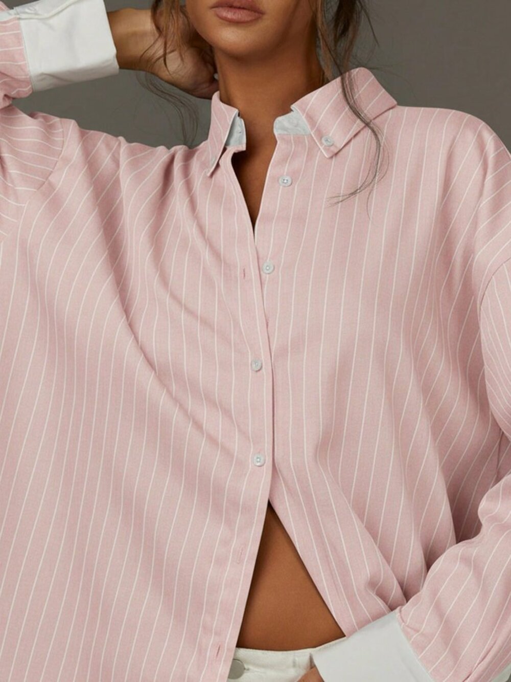Baby Pink Casual Women's Striped Front Button Long Sleeve Shirt